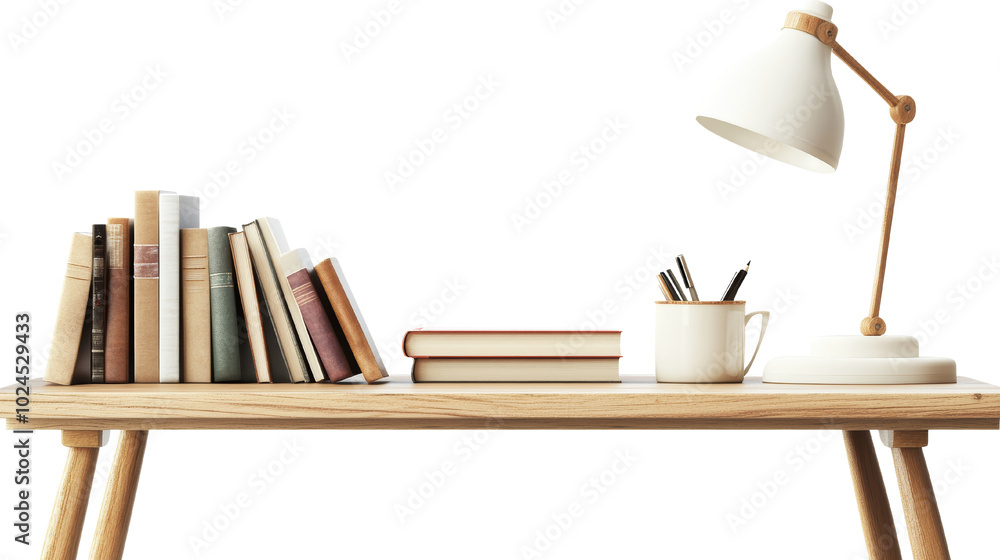 Wooden Desk with Books Lamp and Pencils Wooden Desk with Books Lamp and Pencils