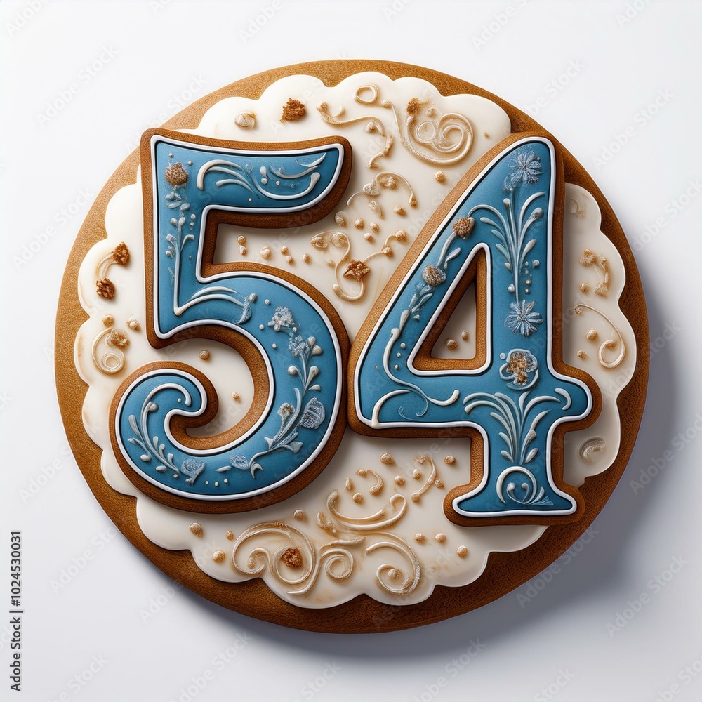Decorated cookie, number 54, illustration for birthday or anniversary celebration Decorated cookie, number 54, illustration for birthday or anniversary celebration