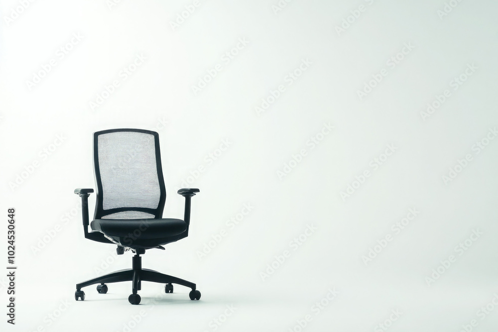 A black office chair sits in front of a white wall A black office chair sits in front of a white wall