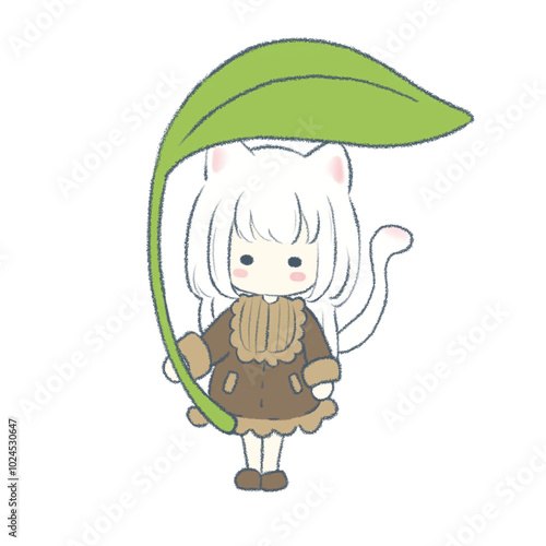 Cat girl under big leaf