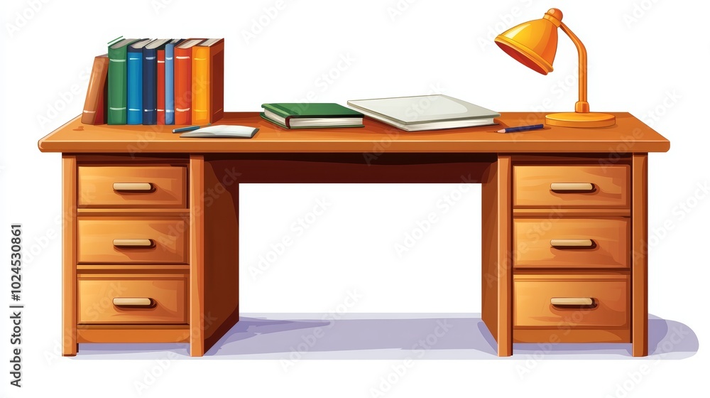 Wooden Desk with Lamp Books and Stationary Study Table Illustration Wooden Desk with Lamp Books and Stationary Study Table Illustration