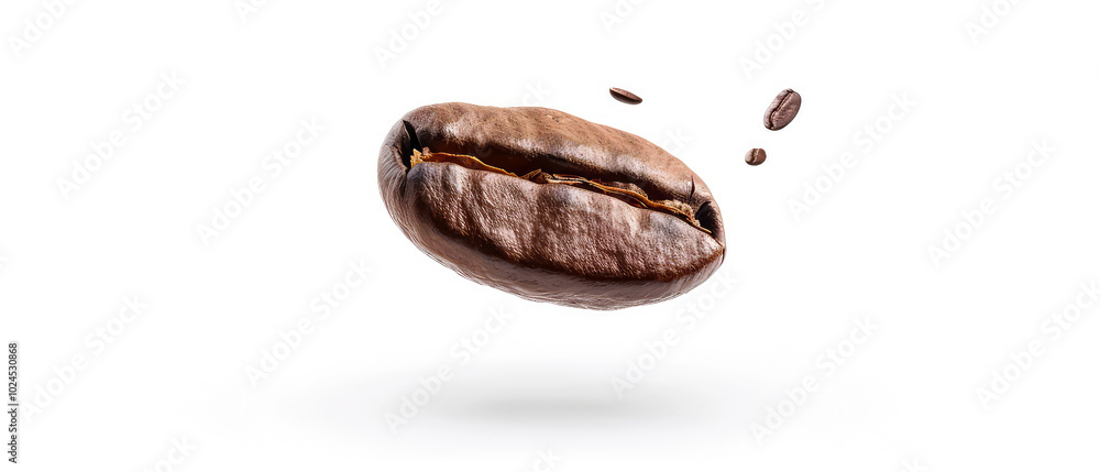 Close up of flying isolated coffee bean on white background. Macro shot of coffee for advertising, cafe banner. Generative ai Close up of flying isolated coffee bean on white background. Macro shot of coffee for advertising, cafe banner. Generative ai