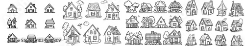 Hand drawing cottage and barn sketch. Modern village rural household isolated in the countryside.