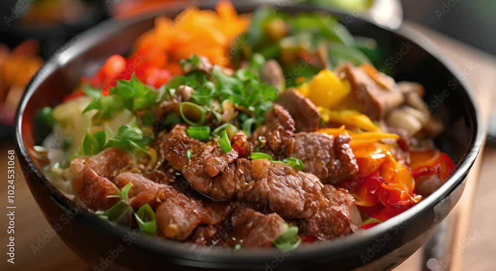 Closeup of a Delicious Bowl of Teriyaki Beef with Rice and Vegetables Closeup of a Delicious Bowl of Teriyaki Beef with Rice and Vegetables
