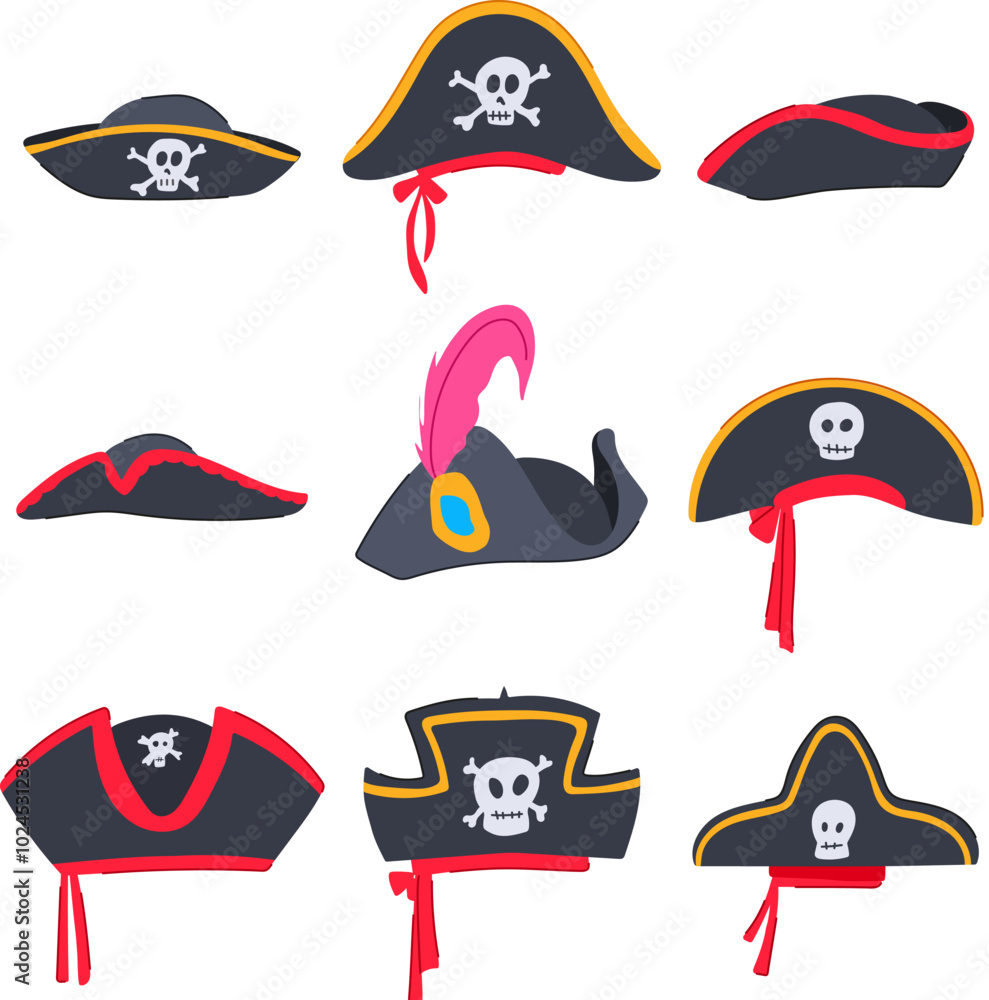 pirate hat set cartoon. swashbuckler captain, maritime adventure, skull crossbones pirate hat sign. isolated symbol vector illustration pirate hat set cartoon. swashbuckler captain, maritime adventure, skull crossbones pirate hat sign. isolated symbol vector illustration