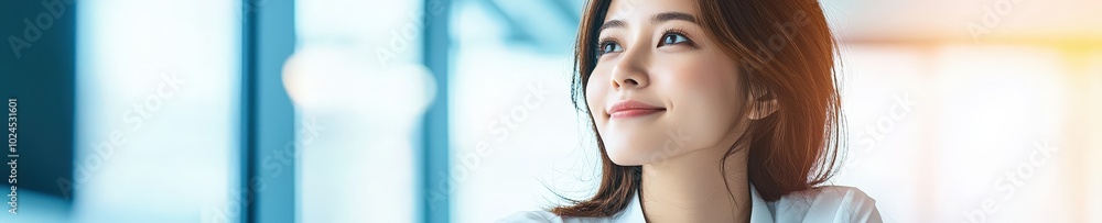 Obraz premium A thoughtful young woman gazes out a bright window, exuding serenity and positivity. Her expression captures a moment of reflection and inspiration in a modern office setting.
