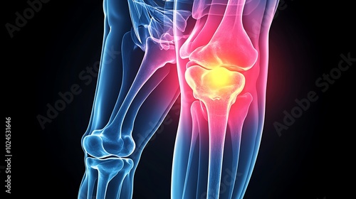 Detailed X-ray of knee joint, pain area highlighted with intense orange hue, glowing orange light effect on pain region, clear bone details, soft shadow gradients for emphasis,