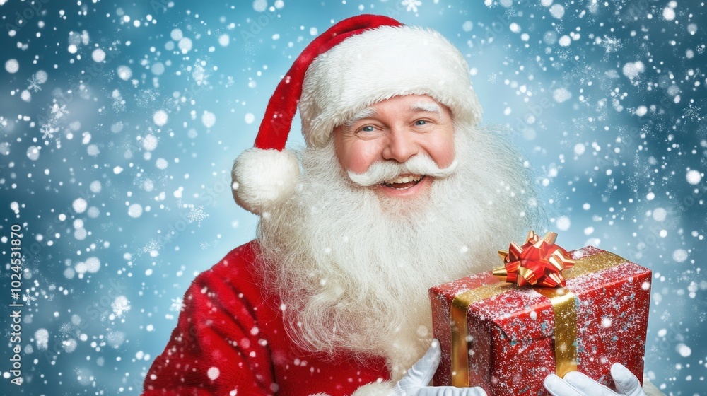 Cheerful Santa with Long White Beard Holding Gift Cheerful Santa with Long White Beard Holding Gift