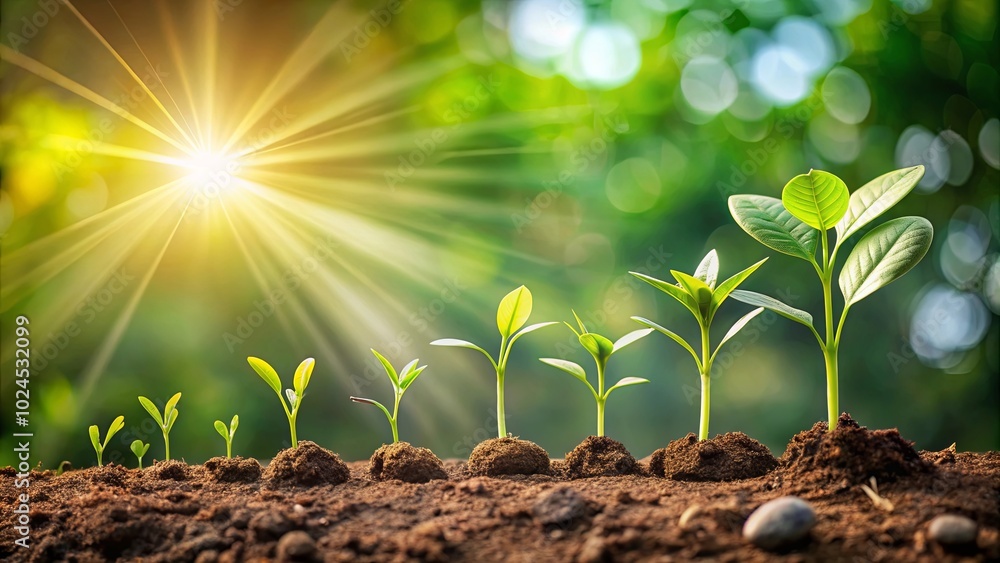 A Row of Young Plants Emerging from Soil, Basking in the Warm Glow of the Rising Sun, Symbolize Growth, Resilience, and the Unfolding Promise of Life A Row of Young Plants Emerging from Soil, Basking in the Warm Glow of the Rising Sun, Symbolize Growth, Resilience, and the Unfolding Promise of Life
