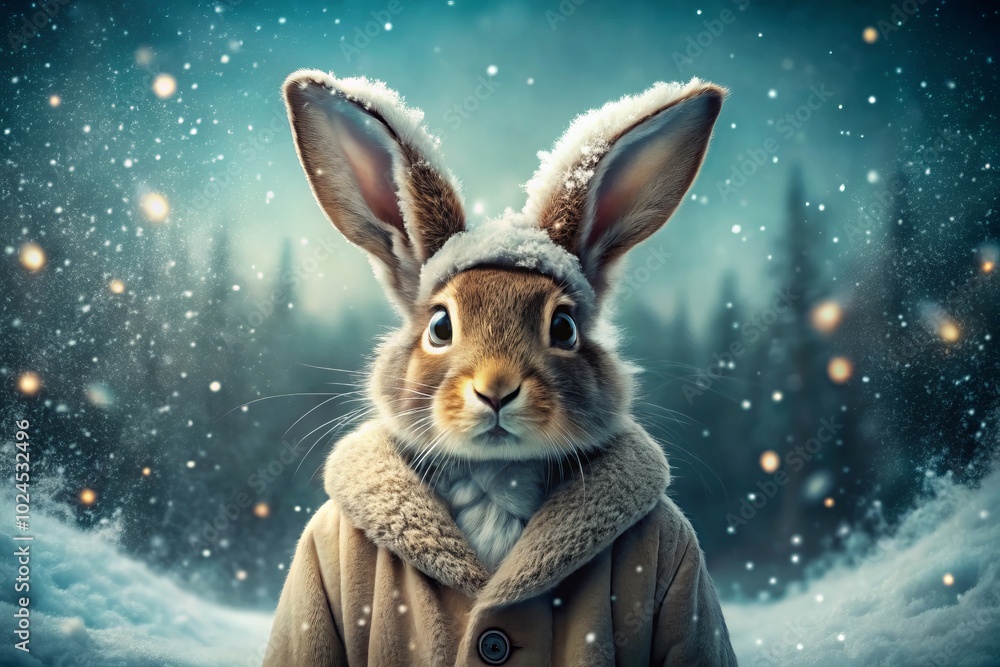 Amidst a swirling snowstorm, a charming hare in a cozy hooded coat stands resilient, creating a dreamlike winter tableau filled with enchanting snow and wonder. Amidst a swirling snowstorm, a charming hare in a cozy hooded coat stands resilient, creating a dreamlike winter tableau filled with enchanting snow and wonder.