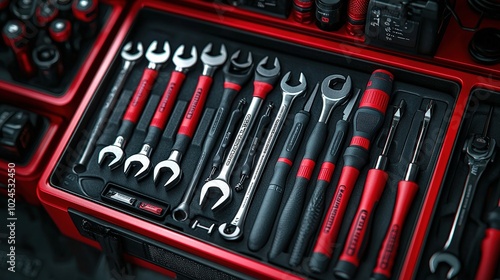 A carefully organized collection of tools in a vibrant red toolbox showcasing craftsmanship and precision in a workshop setting