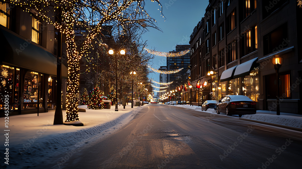 Snowy street with festive evening lights Snowy street with festive evening lights