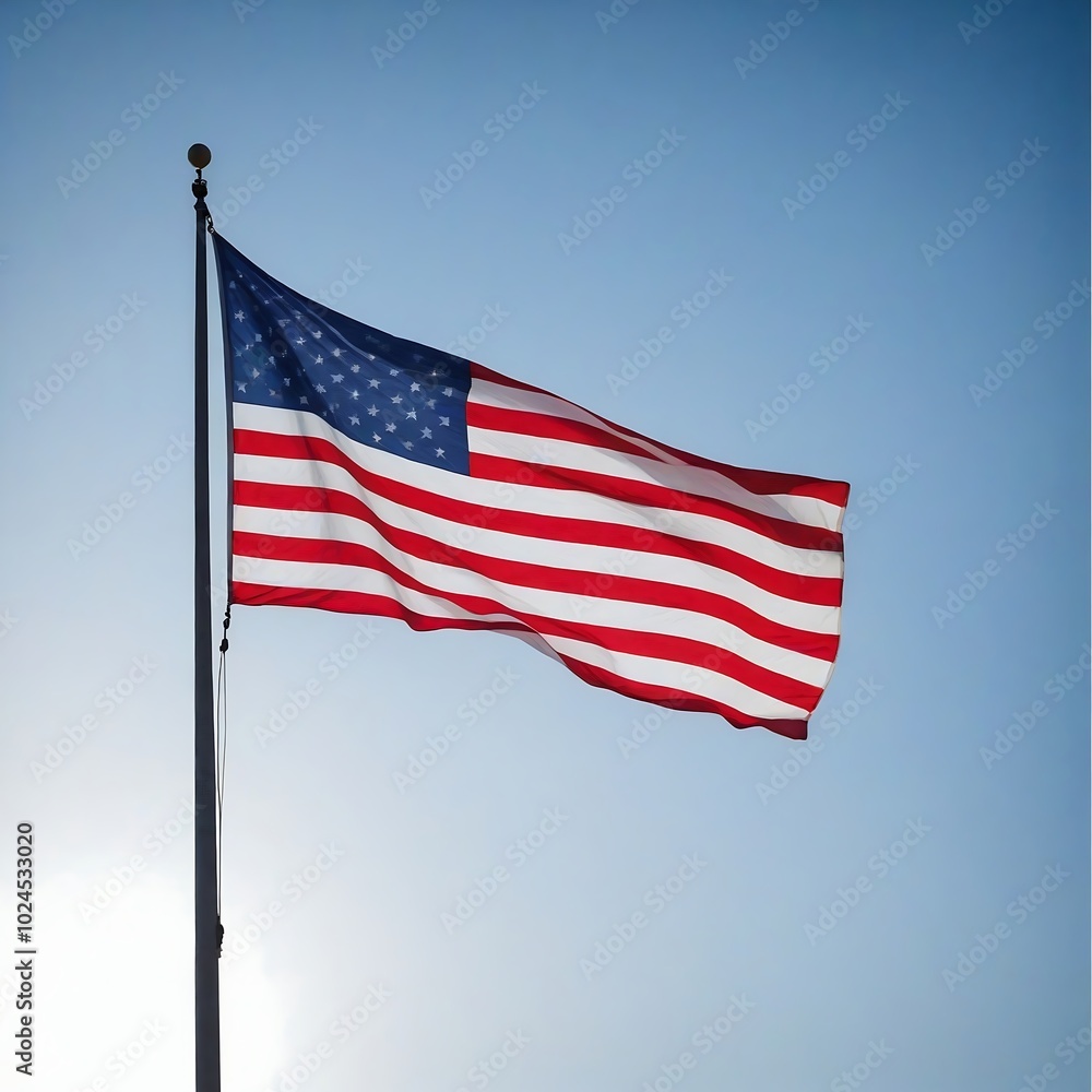 American flag waving against blue sky, symbolizing patriotism and freedom. Ideal for Fourth of July celebrations or national pride campaigns. American flag waving against blue sky, symbolizing patriotism and freedom. Ideal for Fourth of July celebrations or national pride campaigns.