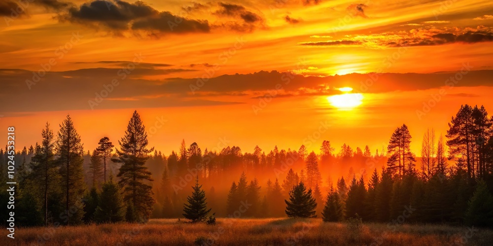 Obraz premium Medium shot of a sunset in the forest with an orange background