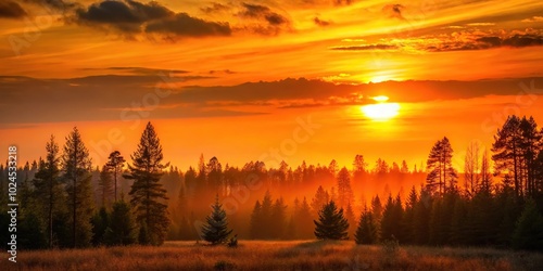 Medium shot of a sunset in the forest with an orange background