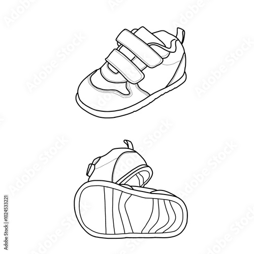 Toddler kid shoes velcro sneakers, anti-slip line art. Technical sketch hand-drawing outline vector doodle illustration. Isolated on a white background