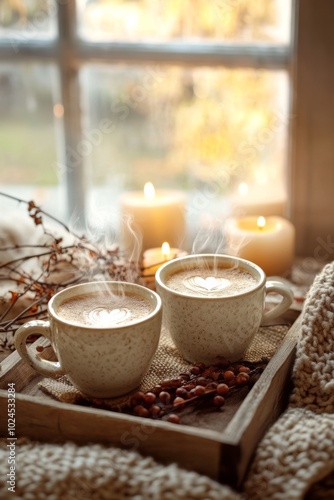 Wallpaper Mural Cozy autumn scene with coffee cups and candles by the window, copy space Torontodigital.ca