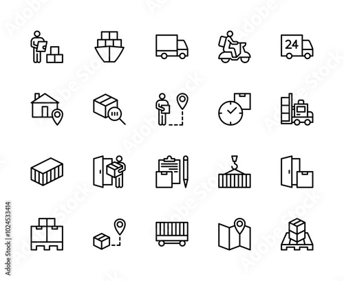 Cargo delivery vector linear icons set. Contains such cargo delivery icons as delivery, logistics, product, cargo, freight and more.