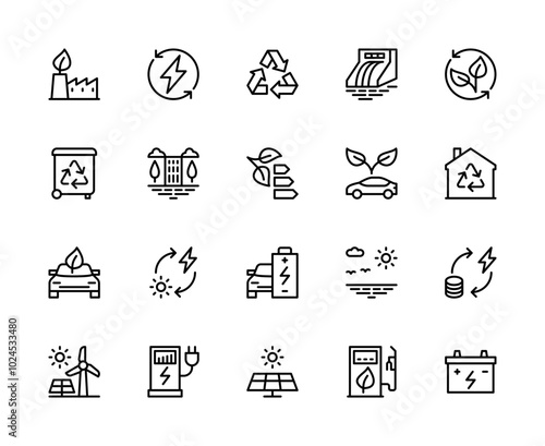 Energy saving vector linear icons set. Contains such energy saving icons as electric car, solar energy, water energy, battery and more.