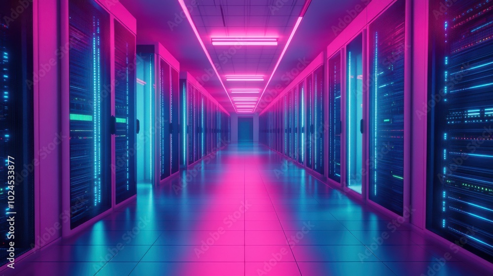 Fototapeta premium A view of a futuristic server room bathed in neon light. The rows of servers are illuminated in hues