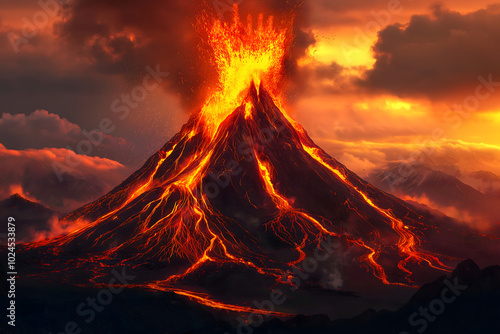 A volcano spewing molten lava and ash into the sky, with fiery rivers of lava cascading down its sides and clouds of ash darkening the atmosphere