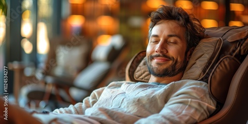 Contented man with closed eyes sitting in massage chair in office photo