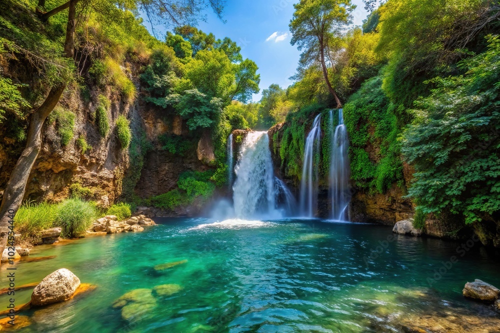 Fototapeta premium Medium shot of Banias Waterfall located in Golan Heights Banias Nature Reserve