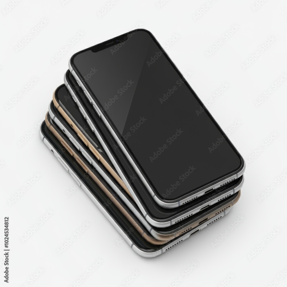 Large stack of smartphones placed on a isolated white background Large stack of smartphones placed on a isolated white background
