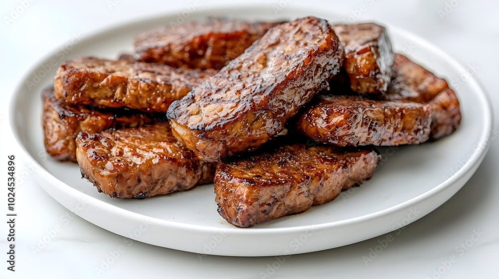 Crisp golden brown fried tempeh served on a simple white plate capturing the essence of traditional Indonesian cooking with a minimalistic Crisp golden brown fried tempeh served on a simple white plate capturing the essence of traditional Indonesian cooking with a minimalistic
