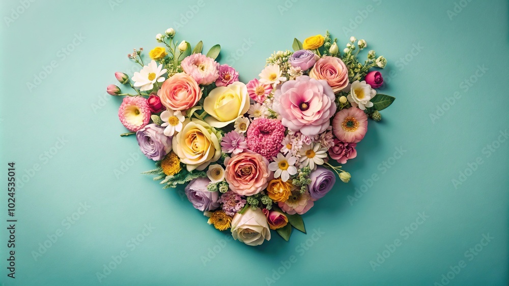 Medium shot of bouquets with spring flowers in summer pastel colors set in a retro arrangement shaped like a heart on a light blue background Medium shot of bouquets with spring flowers in summer pastel colors set in a retro arrangement shaped like a heart on a light blue background