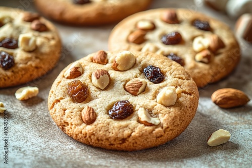 Fresh Homemade Cookies with Nuts and Raisins Decorated with Nuts on Brown Pastel Background