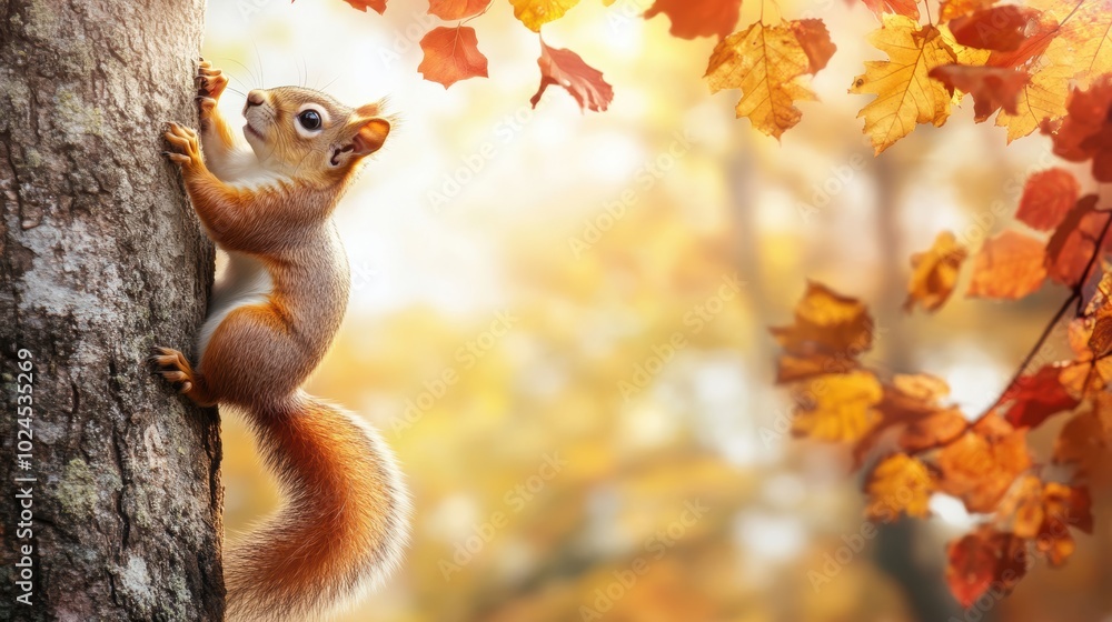 Obraz premium Squirrel Climbing Tree in Autumn Leaves