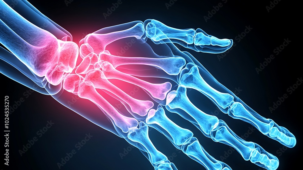 Finger joint X-ray, pain areas depicted with intense pink glow, clear bone structure, glowing pink light on pain regions, soft shadow depth for visual emphasis, blue tint on non-painful bones, Finger joint X-ray, pain areas depicted with intense pink glow, clear bone structure, glowing pink light on pain regions, soft shadow depth for visual emphasis, blue tint on non-painful bones,