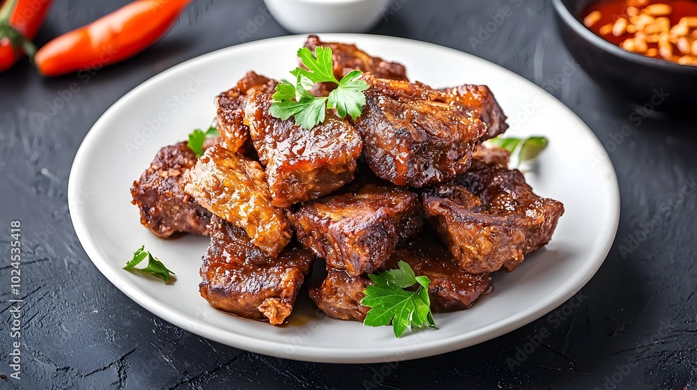 Crispy Fried Tempeh on a White Plate with Ample Copy Space Showcasing Authentic Flavors of Indonesian Cuisine and Design Flexibility for Digital Visuals Crispy Fried Tempeh on a White Plate with Ample Copy Space Showcasing Authentic Flavors of Indonesian Cuisine and Design Flexibility for Digital Visuals