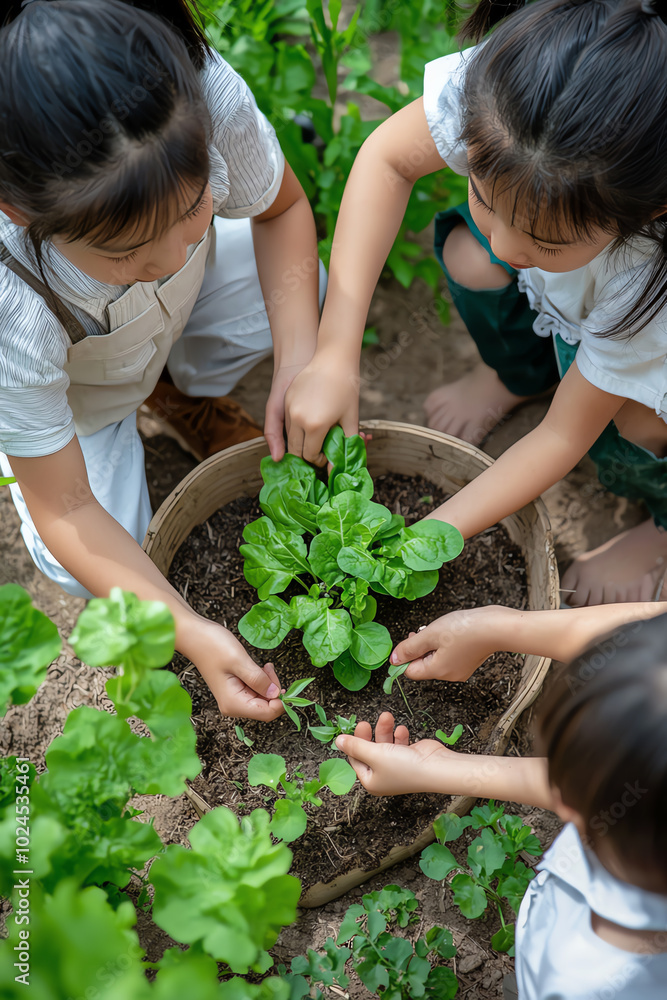 Children planting vegetables in a garden. Children planting vegetables in a garden.