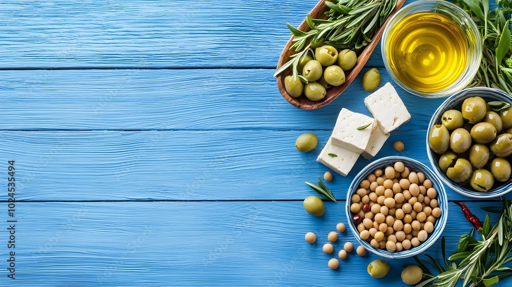 Flat lay of healthy natural tofu and soybean ingredients like olives and rosemary on a rustic blue wooden surface with clean minimalist background for culinary and recipe use Flat lay of healthy natural tofu and soybean ingredients like olives and rosemary on a rustic blue wooden surface with clean minimalist background for culinary and recipe use