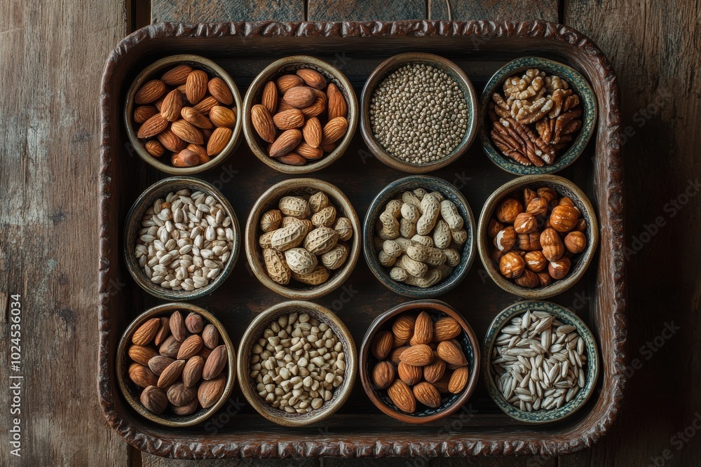 An assortment of nuts such as almonds, pecans, hazelnuts, and sunflower seeds arranged in small An assortment of nuts such as almonds, pecans, hazelnuts, and sunflower seeds arranged in small