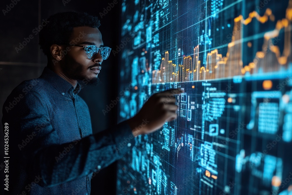 Data science expert analyzing complex data models and trends, visualizing patterns in a modern tech environment Data science expert analyzing complex data models and trends, visualizing patterns in a modern tech environment