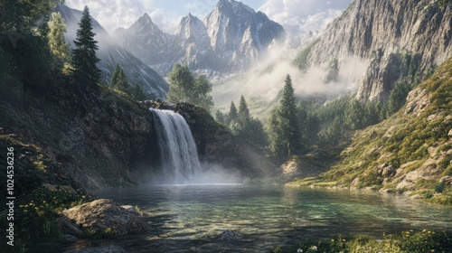 Mountain Waterfall and Lake