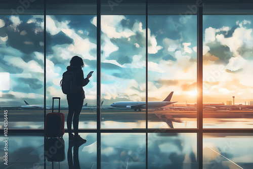 A solo traveler with a backpack and suitcase, standing at an airport terminal, checking their phone, with airplanes visible through the large windows