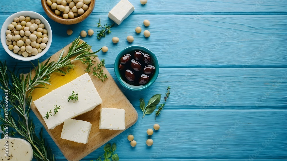 custom made wallpaper toronto digitalTofu soybeans olives and sprigs of rosemary laid out on a blue wooden surface perfect for adding text or showcasing a plant based complementary color scheme design