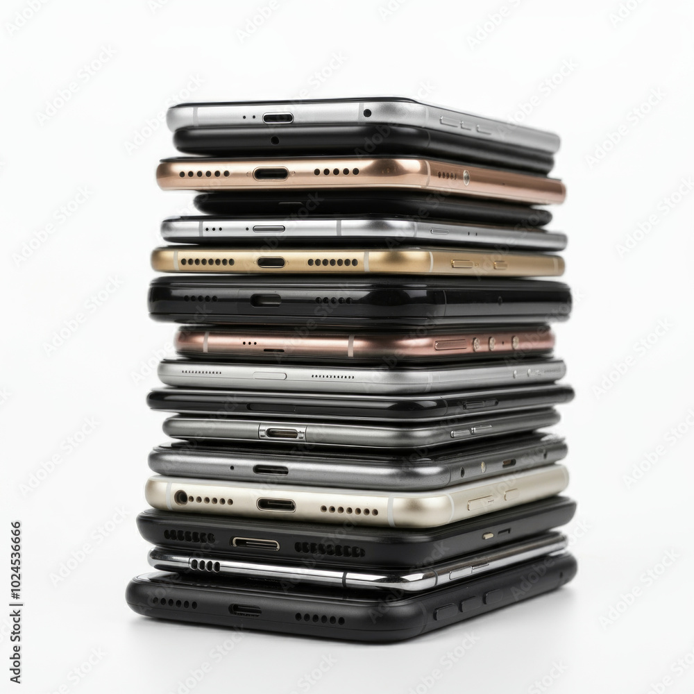 Large stack of smartphones placed on a isolated white background Large stack of smartphones placed on a isolated white background