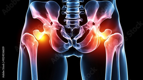 Hip joint X-ray, bright orange highlight indicating pain zone, clear bone structure, glowing orange overlay effect, contrasting blue tint for unaffected regions,