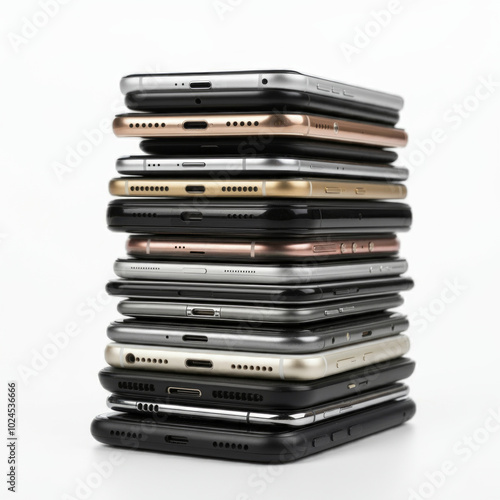 Large stack of smartphones placed on a isolated white background