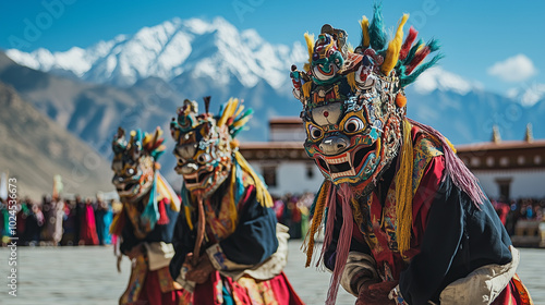 Thiksey Gustor Festival at Thiksey monastery, monks wearing elaborate colorful masks dance in the monastery square with the Himalayan mountains in the background, Ai generated images photo