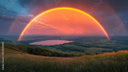 Vibrant rainbow over a scenic forest lake 