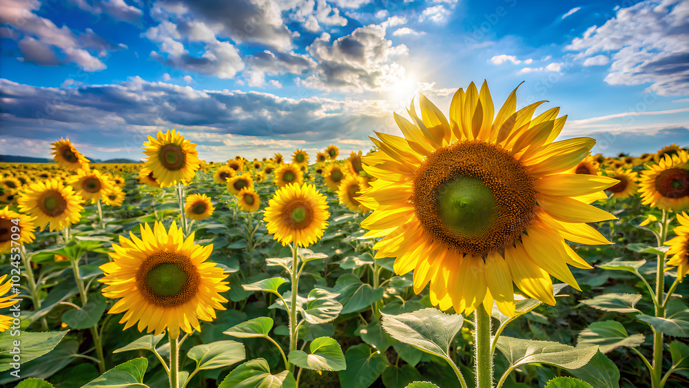 Fototapeta premium Sunflower field under a bright blue sky. perspective
