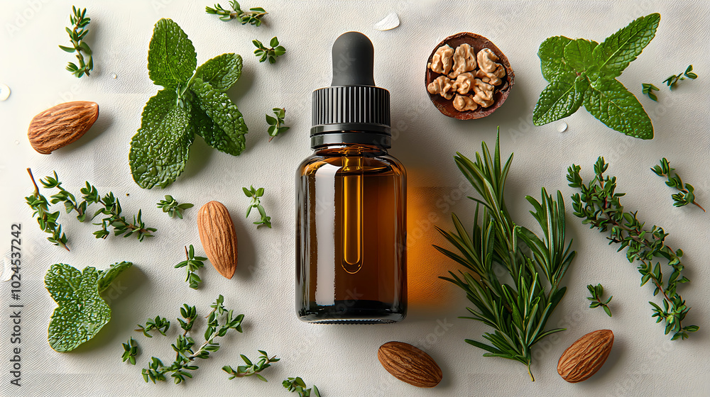 Essential Oils and Fresh Herbs Arrangement on Surface Essential Oils and Fresh Herbs Arrangement on Surface