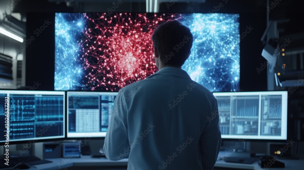 Neural network specialist working on advanced deep learning models in a high-tech lab with large screens and data Neural network specialist working on advanced deep learning models in a high-tech lab with large screens and data