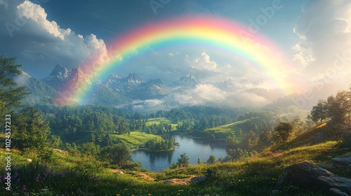 Vibrant rainbow over a scenic forest lake 